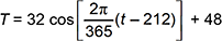 T = 32 times cosine open bracket 2 pi divided by 365 times the quantity t minus 212 closed bracket + 48